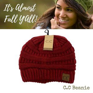 C. C Beanie Knit Hat in Burgundy